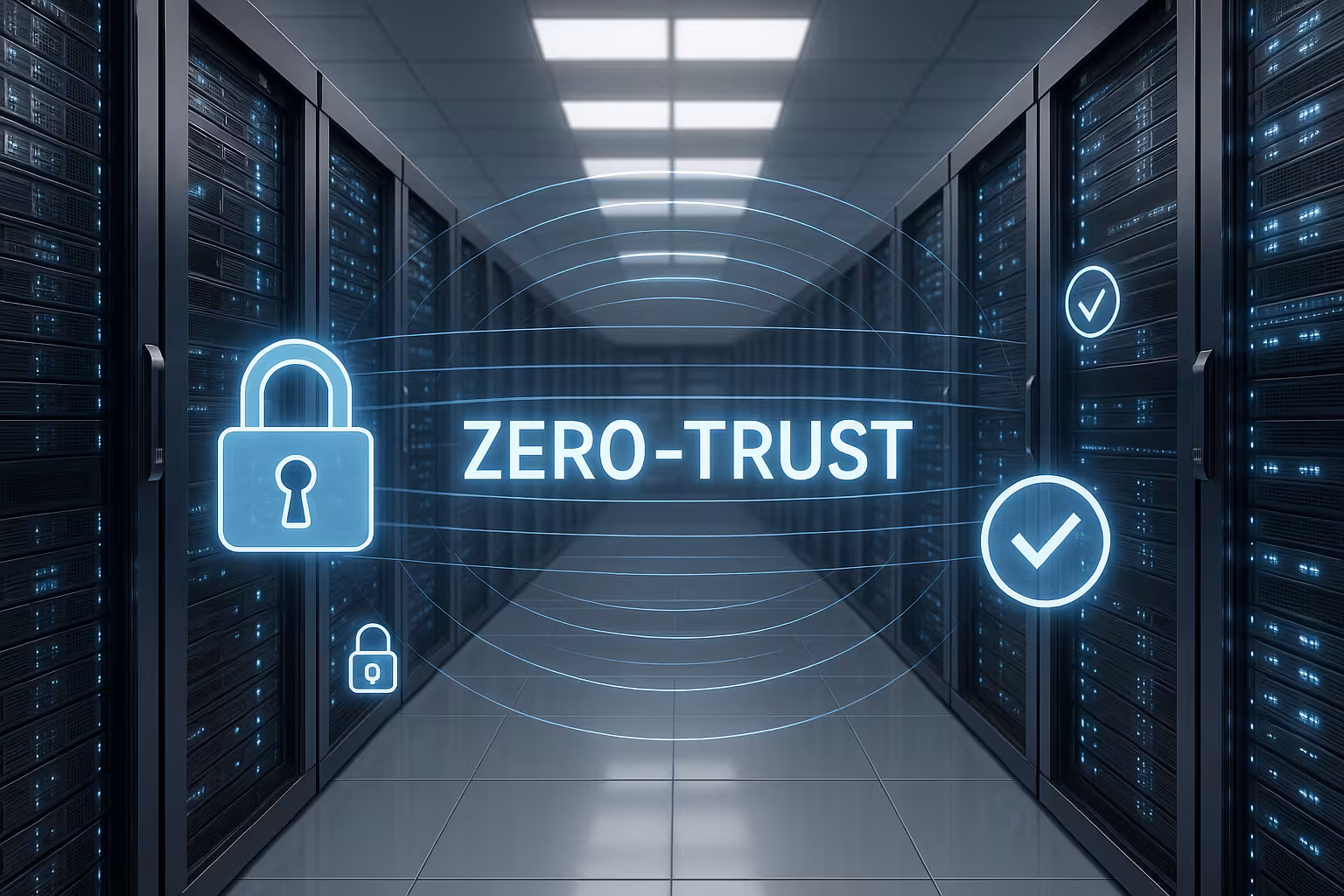 Moderna infrastruttura di data center con architettura di sicurezza zero-trust, serrature digitali e segmentazione della rete