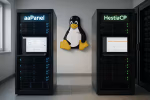 Linux-Serverraum mit aaPanel und HestiaCP Panels, moderne IT-Technik, fotorealistisch