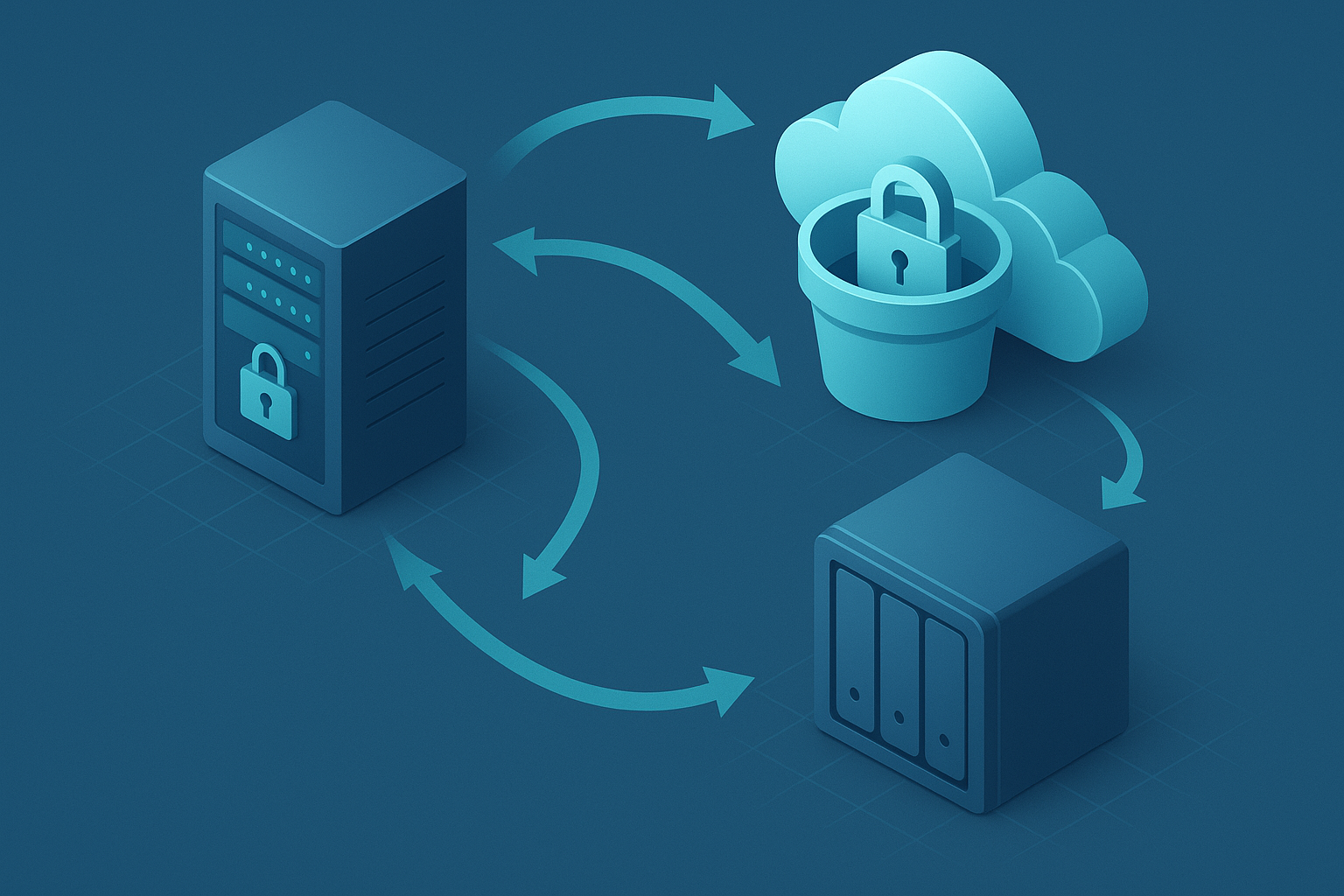 Backup 3-2-1 nel web hosting con server, cloud storage e NAS esterno e copia inalterabile.