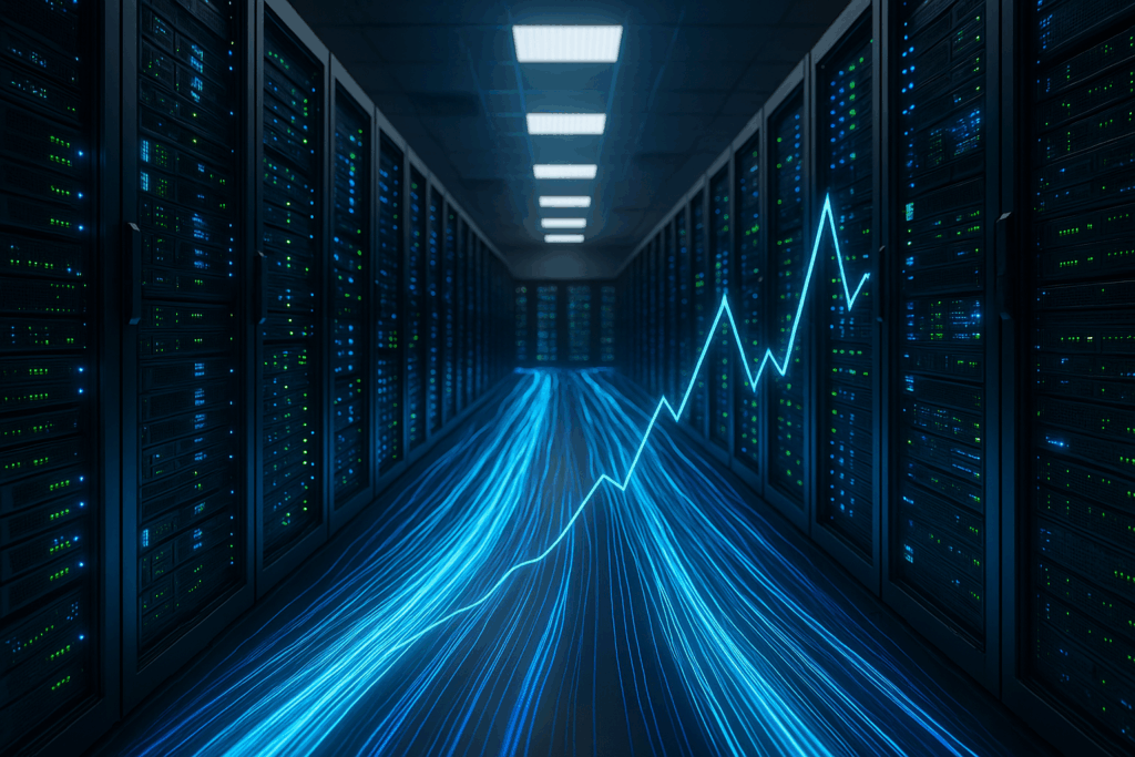 Server-Infrastruktur mit leuchtenden Netzwerkverbindungen zeigt Burst-Performance und Datenfluss