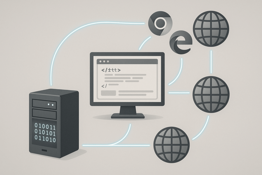 Caching Hierarchien visualisiert als Netzwerkdiagramm mit Server, Browser und globalem CDN-Knoten.