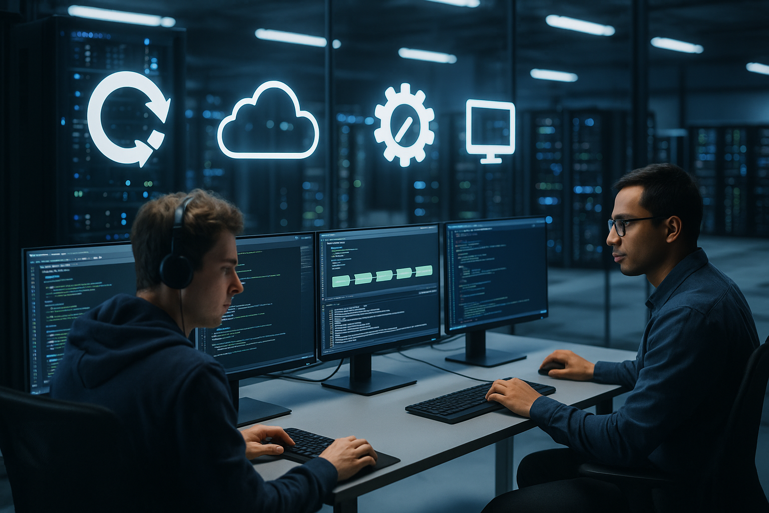 Gli sviluppatori lavorano nella sala server su una pipeline CI/CD per l'hosting.