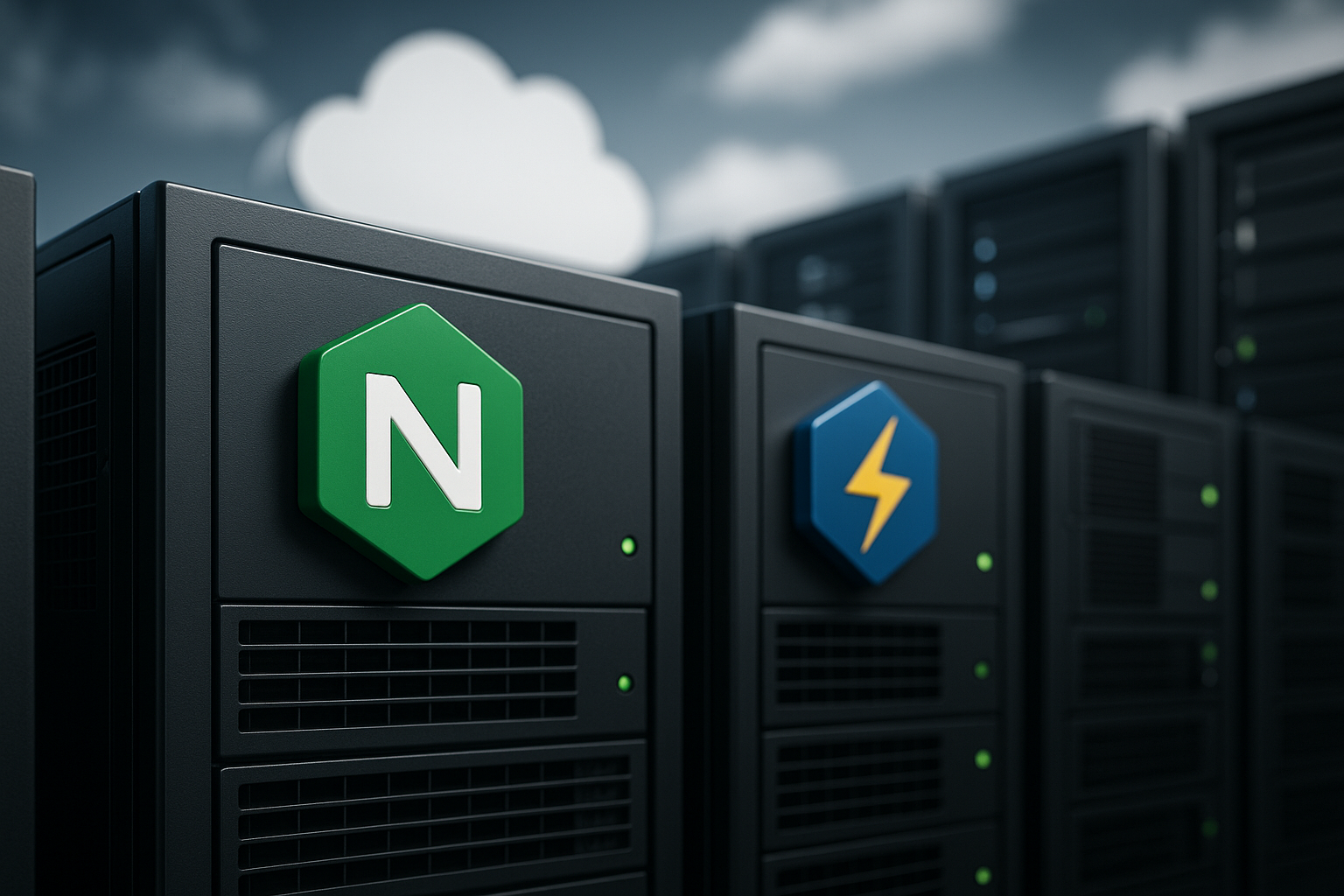 Fotorealistisches Panel-Interface vor einer Cloud-Infrastruktur mit angedeuteten Server-Racks.