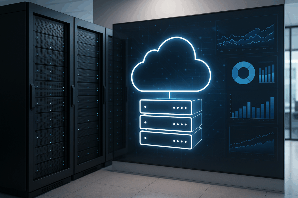 Serverraum und Cloud-Server mit moderner Benutzeroberfläche