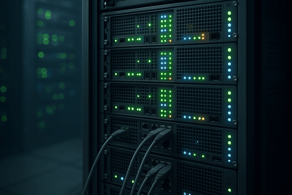 Serverový rack v modernom dátovom centre, vhodný na hosting a porovnanie panelov s otvoreným zdrojovým kódom