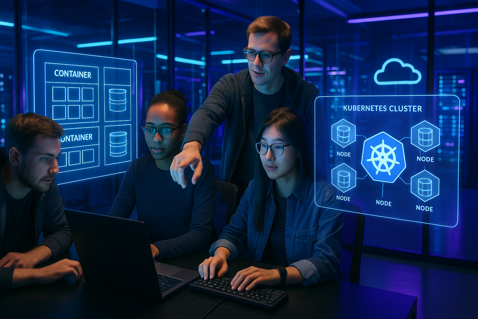 Il moderno team di sviluppo lavora con hosting container-native e visualizzazioni Kubernetes su postazioni di lavoro all'avanguardia