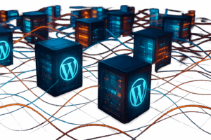 断熱されたサーバーコンテナとWordPressのロゴが配置された、データセンターのフォトリアリスティックな表現。.