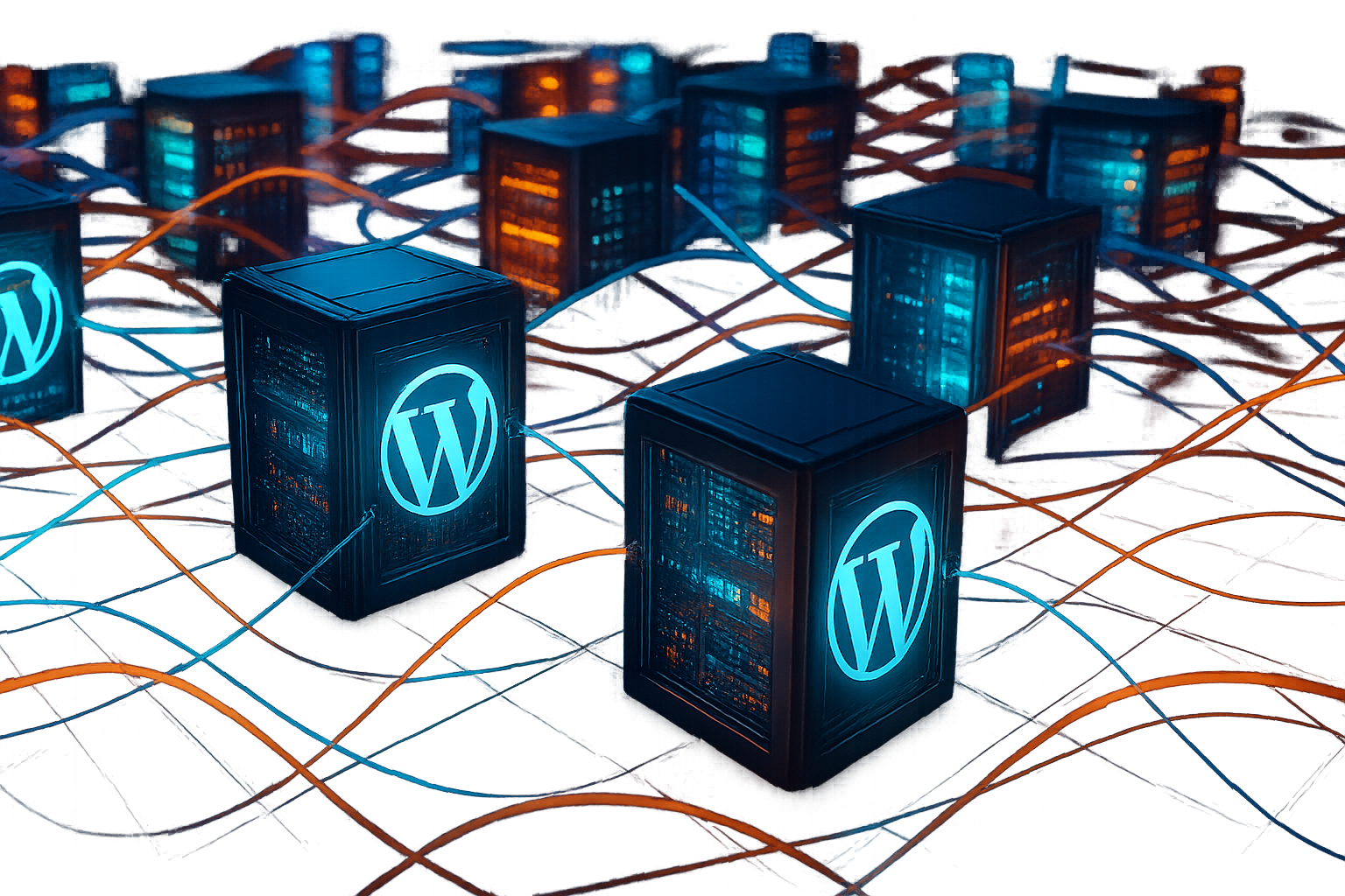 Photorealistische Darstellung eines Rechenzentrums mit isolierten Servercontainern und WordPress-Logos.