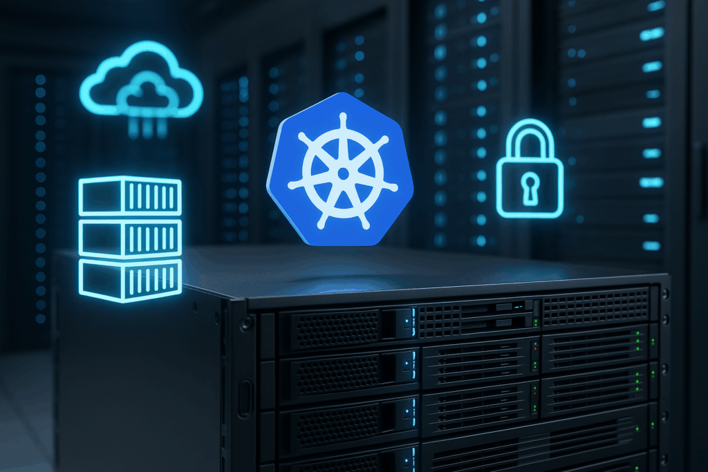 Serverlandschaft mit Container-Symbolen und Kubernetes im Rechenzentrum