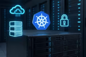 Ambiente server con simboli container e Kubernetes nel centro dati