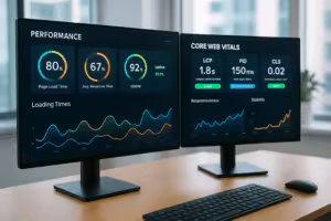 Tablou de bord pentru monitorizarea indicatorilor Core Web Vitals cu metrici de performanță și date în timp real