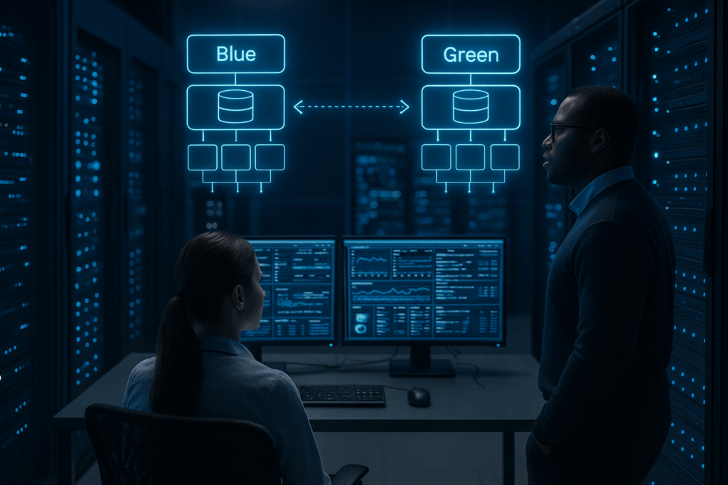 Moderner Serverraum mit Monitoring für Zero-Downtime Deployment und Hosting