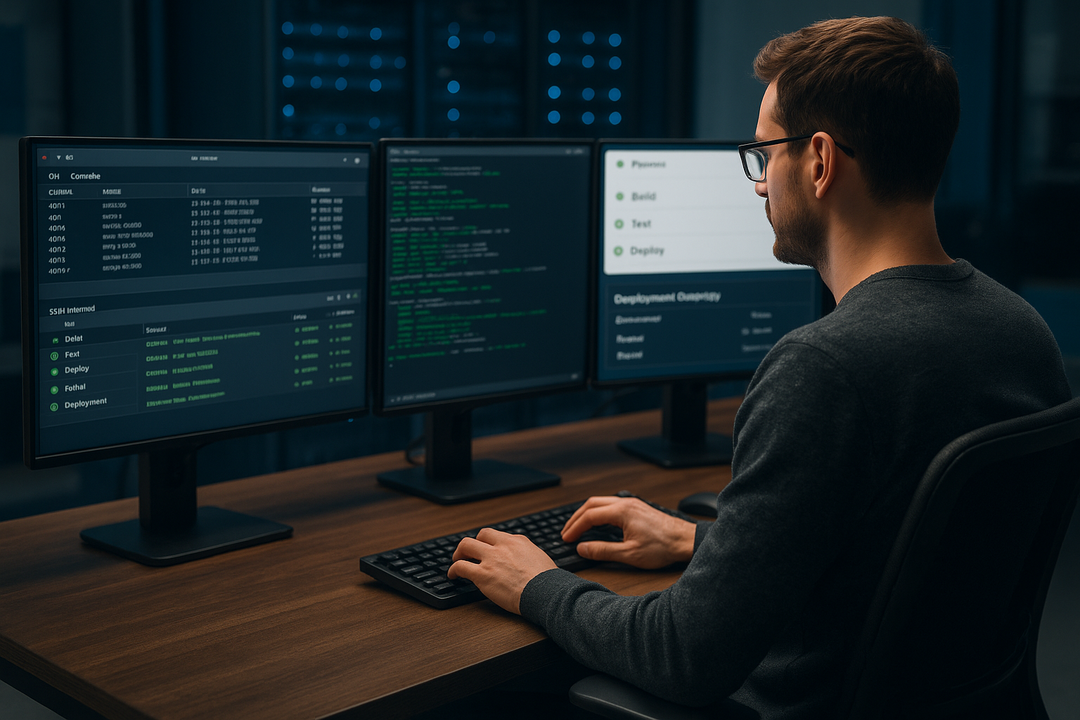 Entwickler mit mehreren Monitoren zeigt SSH, Git und CI/CD Deployment-Prozesse
