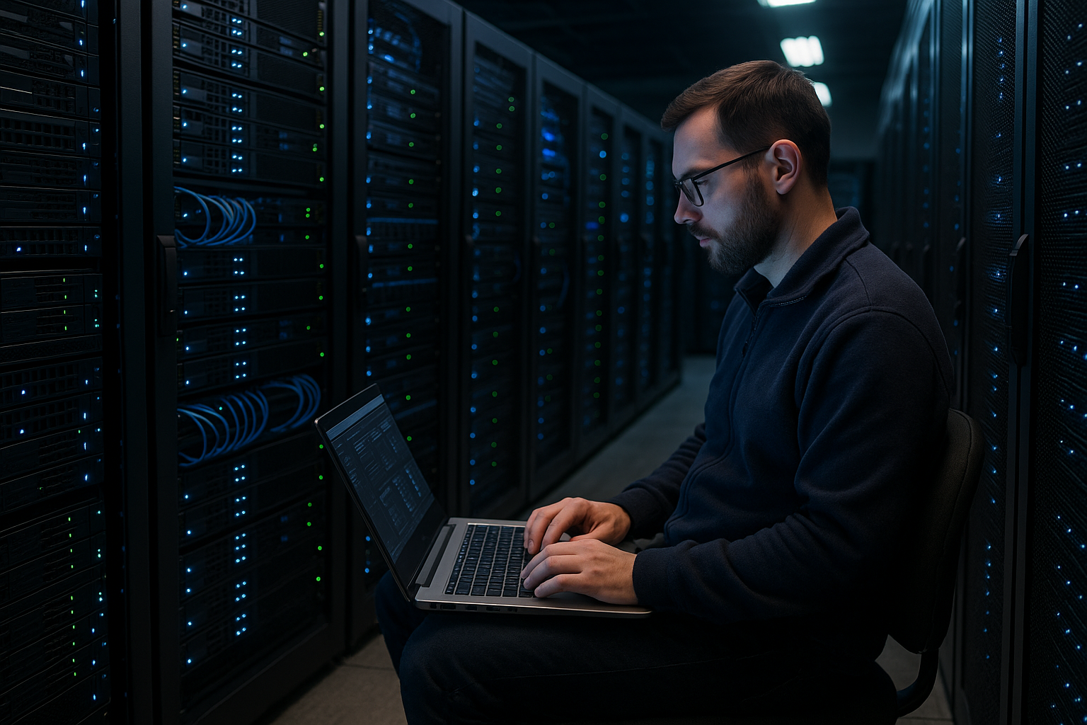 Modern Netzwerkadministrator überwacht Webhosting-Panel im Serverraum.