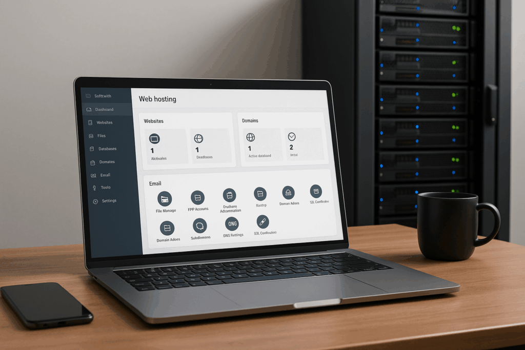 Fotorealistische Darstellung eines DirectAdmin Webhosting-Panels auf einem Laptop mit Server