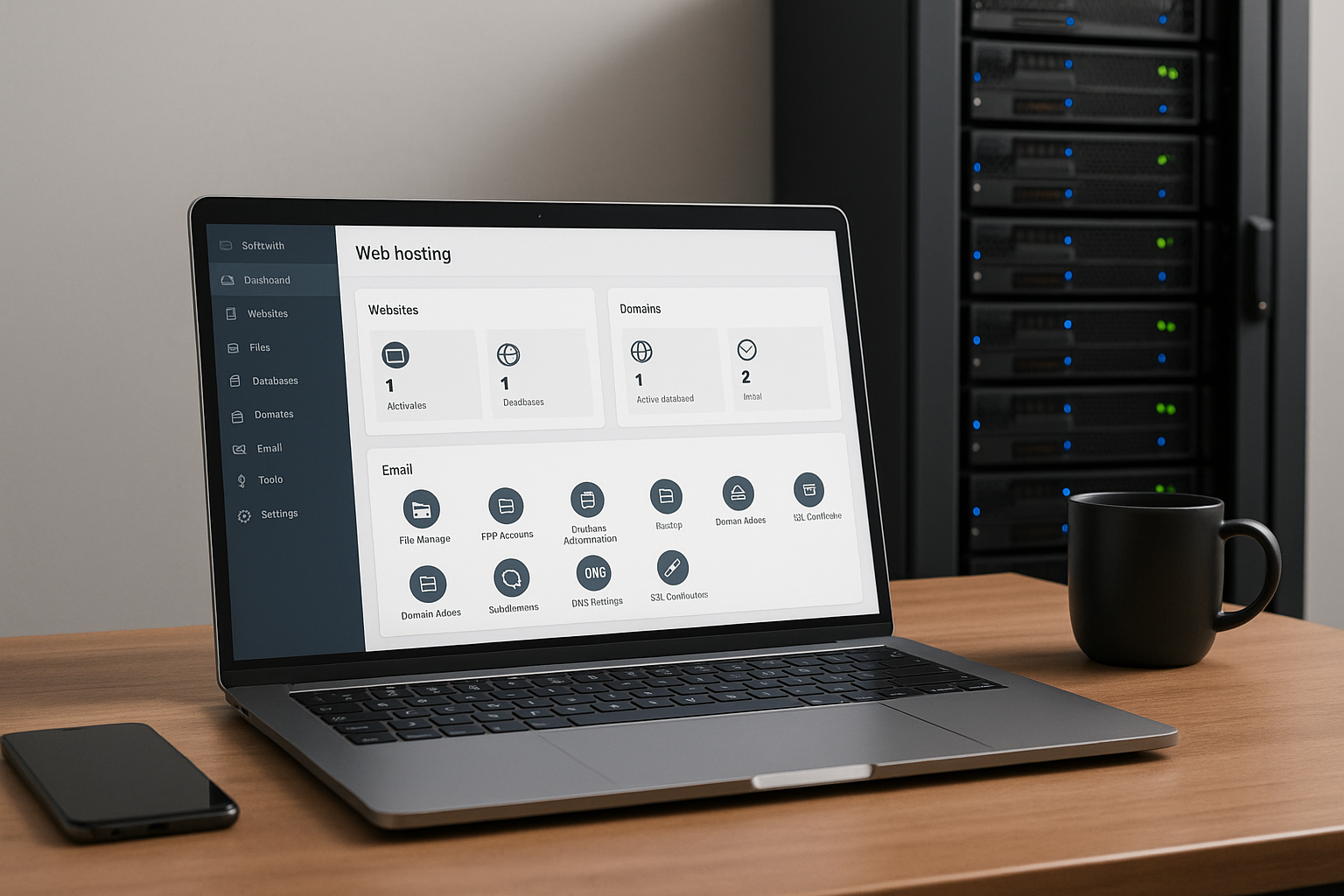 Fotorealistische Darstellung eines DirectAdmin Webhosting-Panels auf einem Laptop mit Server