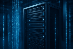 Rack server astratto e fotorealistico con flussi di dati e crittografia