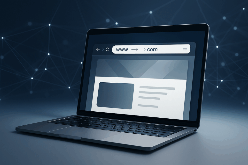Domainwechsel am Laptop symbolisch mit neuer URL, nahtloser technischer Übergang