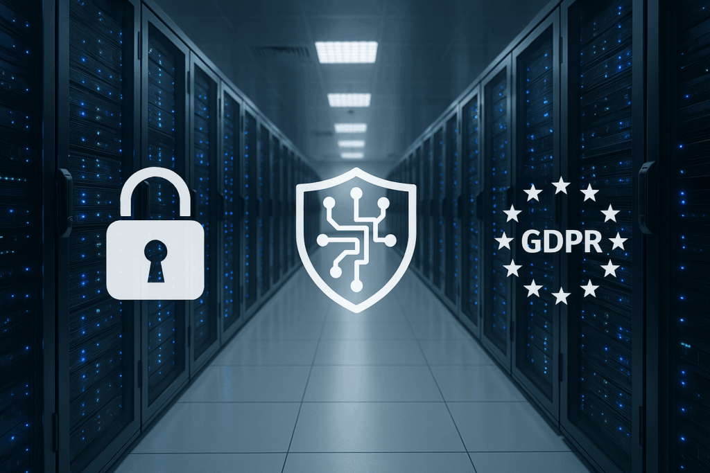 Gesichertes Rechenzentrum symbolisiert datenschutzkonformes Webhosting