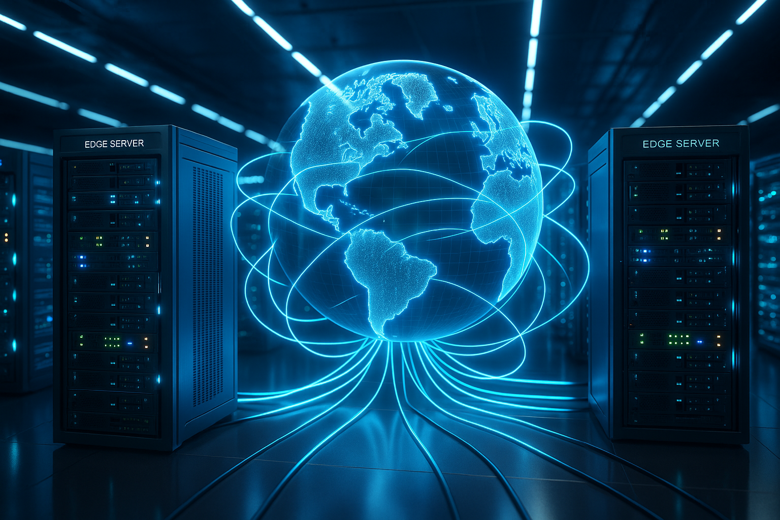 Rappresentazione fotorealistica di una moderna rete di server edge globale.