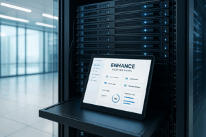 Nowoczesne centrum danych z tabletem i panelem hostingowym Enhance przed serwerami