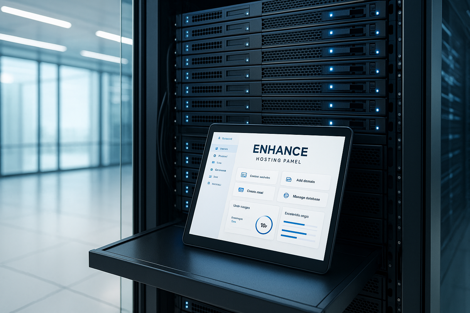 Datacenter moderno con pannello di hosting tablet e Enhance davanti ai server