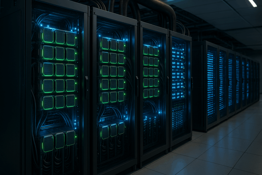 GPU-Server in einem modernen Rechenzentrum mit LED-Beleuchtung