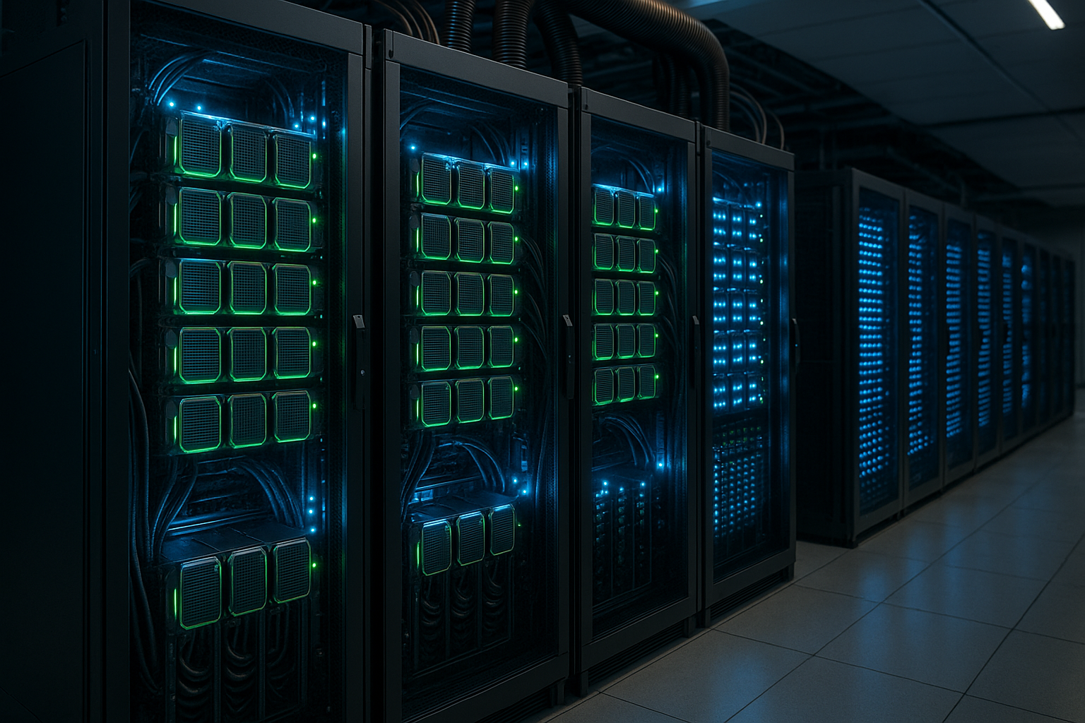 Server GPU într-un centru de date modern cu iluminare LED