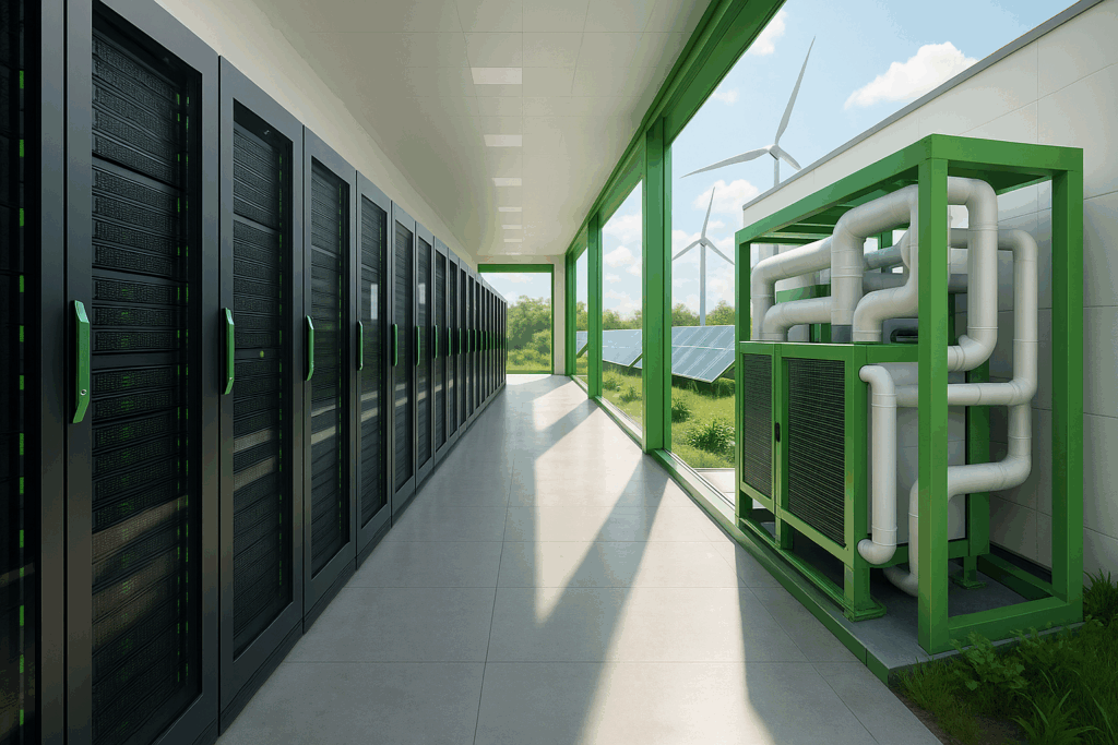 Modernes energieeffizientes Green Data Center mit Windkraft und Solaranlagen.