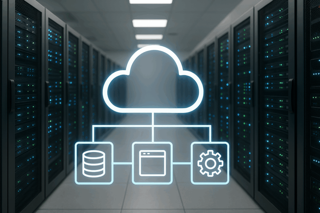Modernes Rechenzentrum mit Serverracks und abstrahiertem Cloud-Symbol für Headless E-Commerce