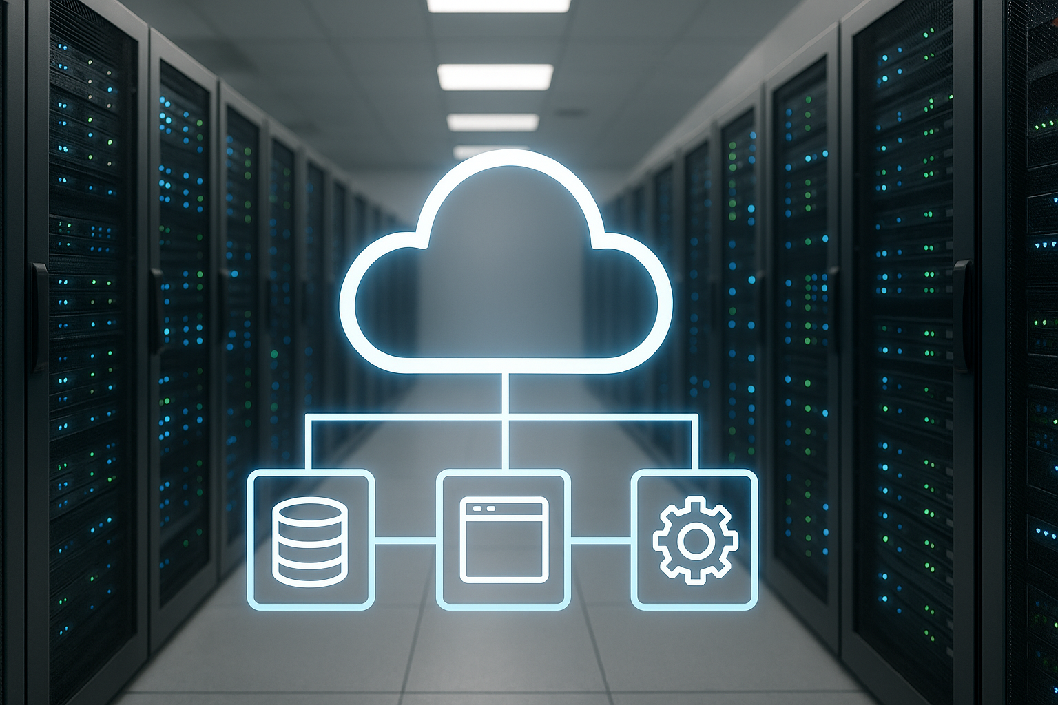 Moderno centro dati con rack di server e icona cloud astratta per l'e-commerce headless