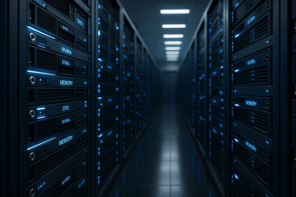 Serverovňa s výkonným hardvérom, viditeľným CPU, NVMe, pamäťou