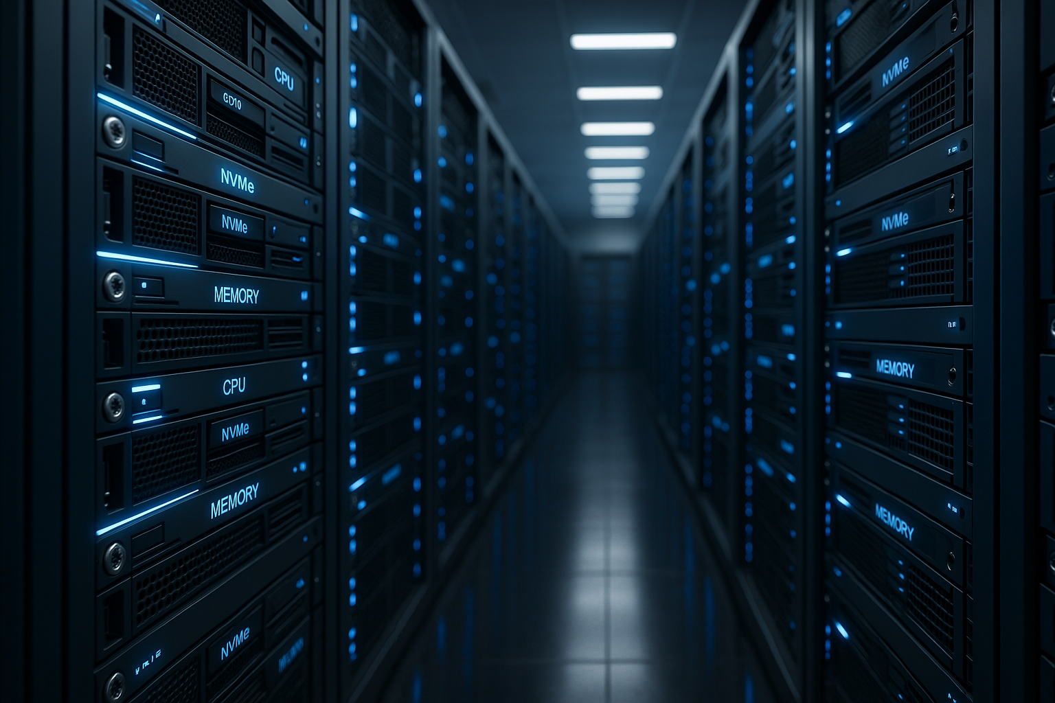 Sală de servere cu hardware de înaltă performanță, CPU vizibil, NVMe, memorie