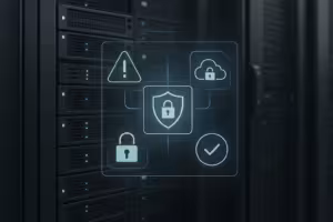 Serverraum mit Hosting Control Panel und sichtbar eingeschaltetem Sicherheitsschutz