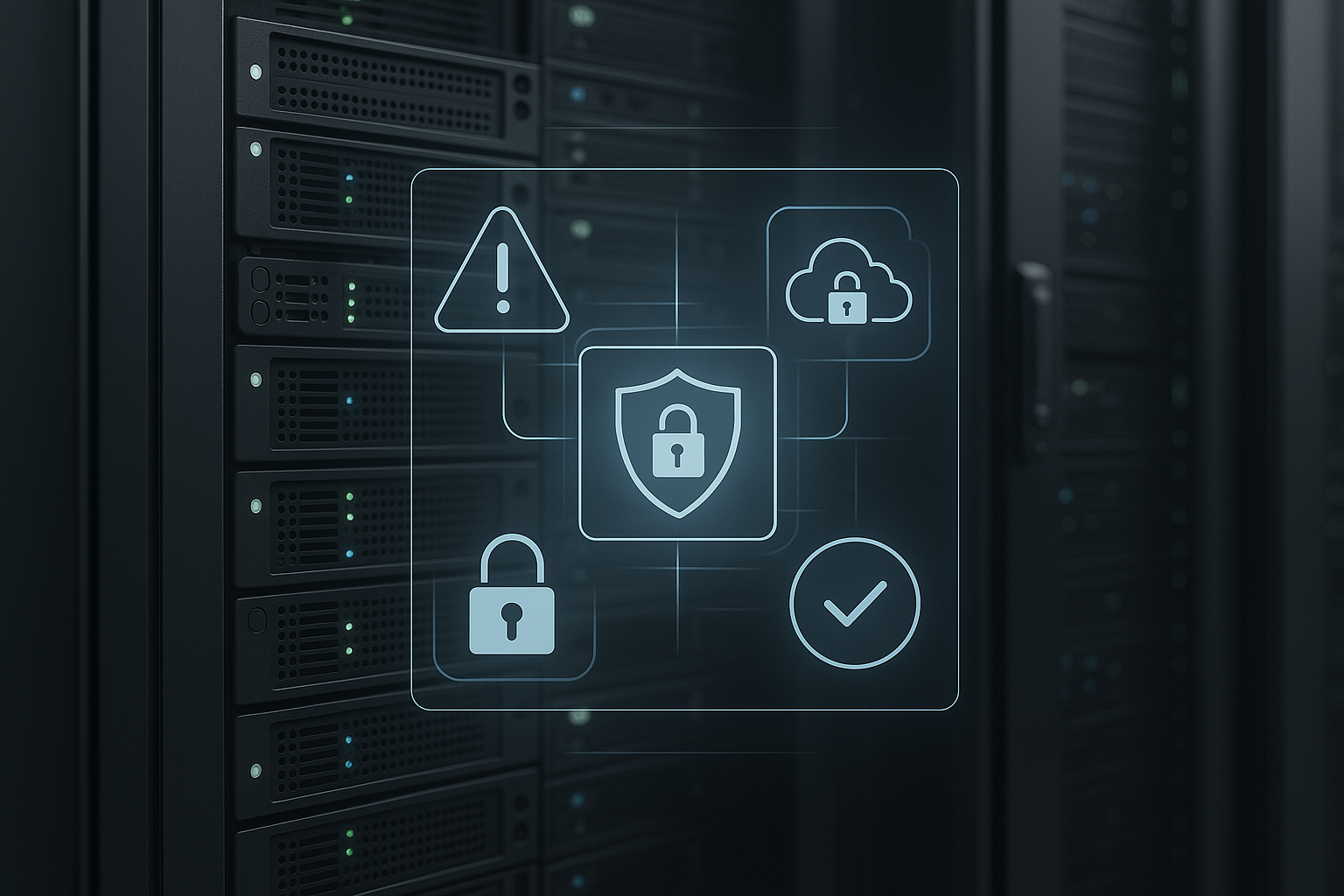 Sala server con pannello di controllo hosting e protezione di sicurezza visibilmente attivata
