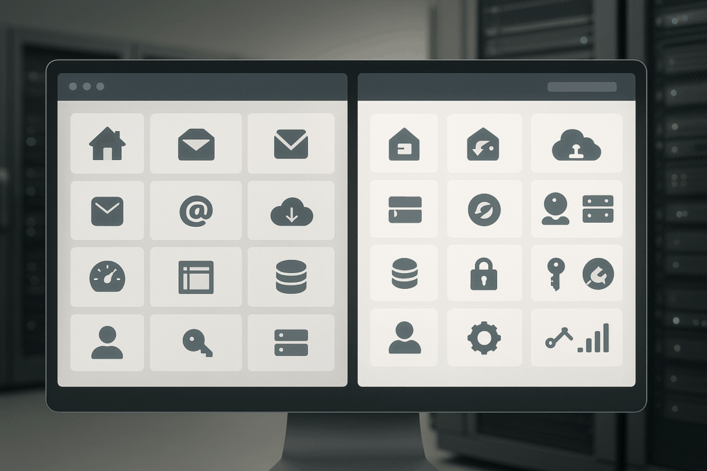 Ansicht von cPanel- und DirectAdmin-Oberflächen auf einem modernen Server