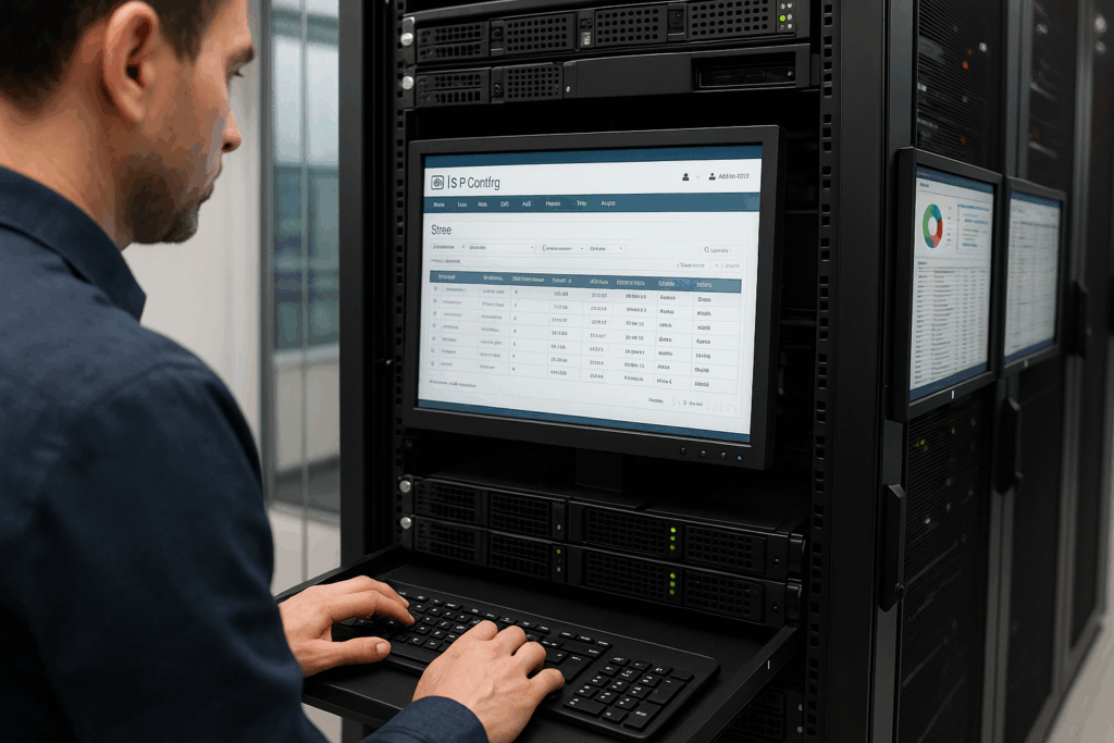 Rechenzentrum mit Servern und Open-Source-Hosting-Verwaltung auf Bildschirm