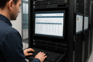 サーバーとオープンソースのホスティング管理が画面上にあるデータセンター