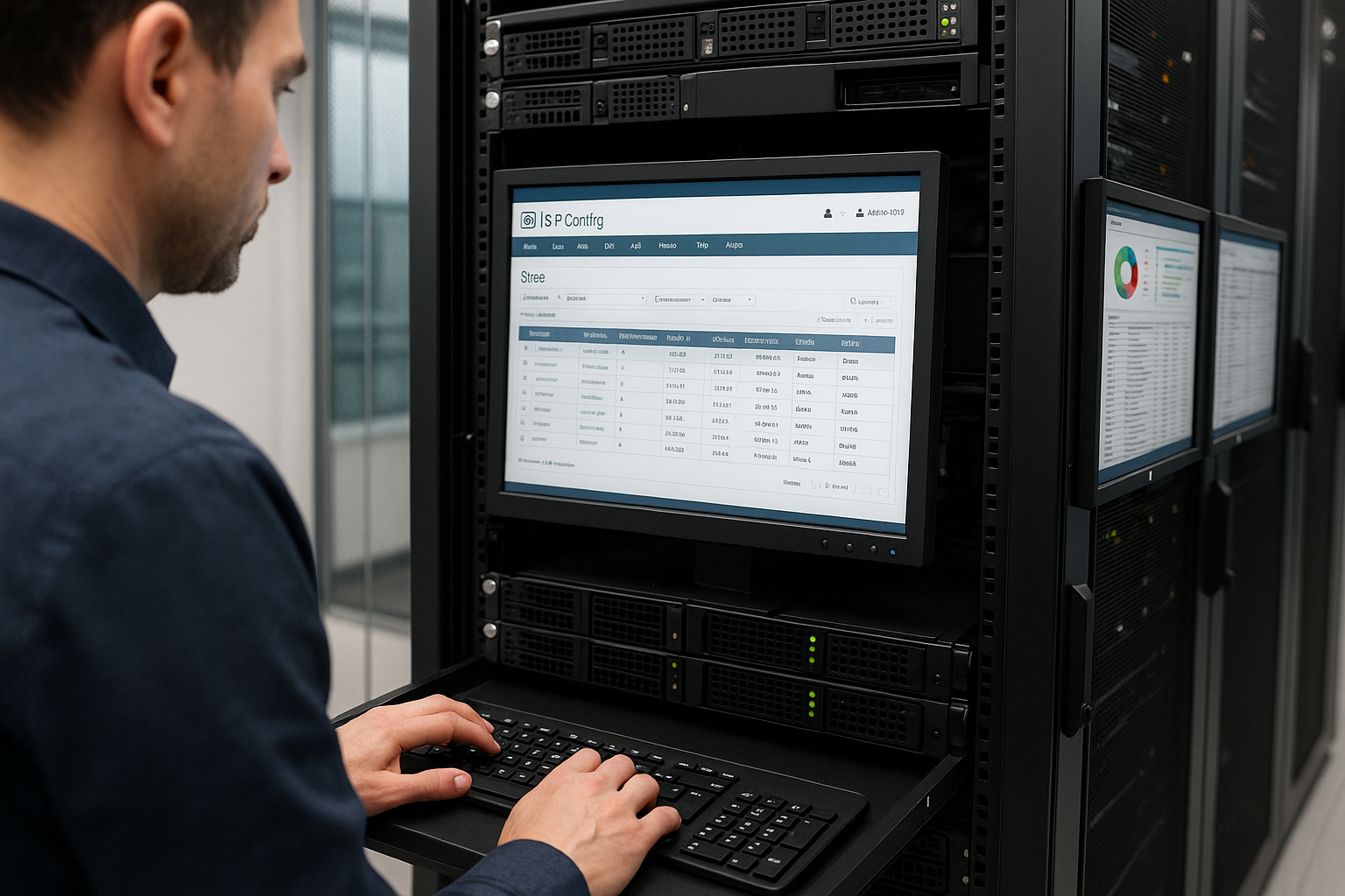 Centro dati con server e gestione di hosting open source su schermo