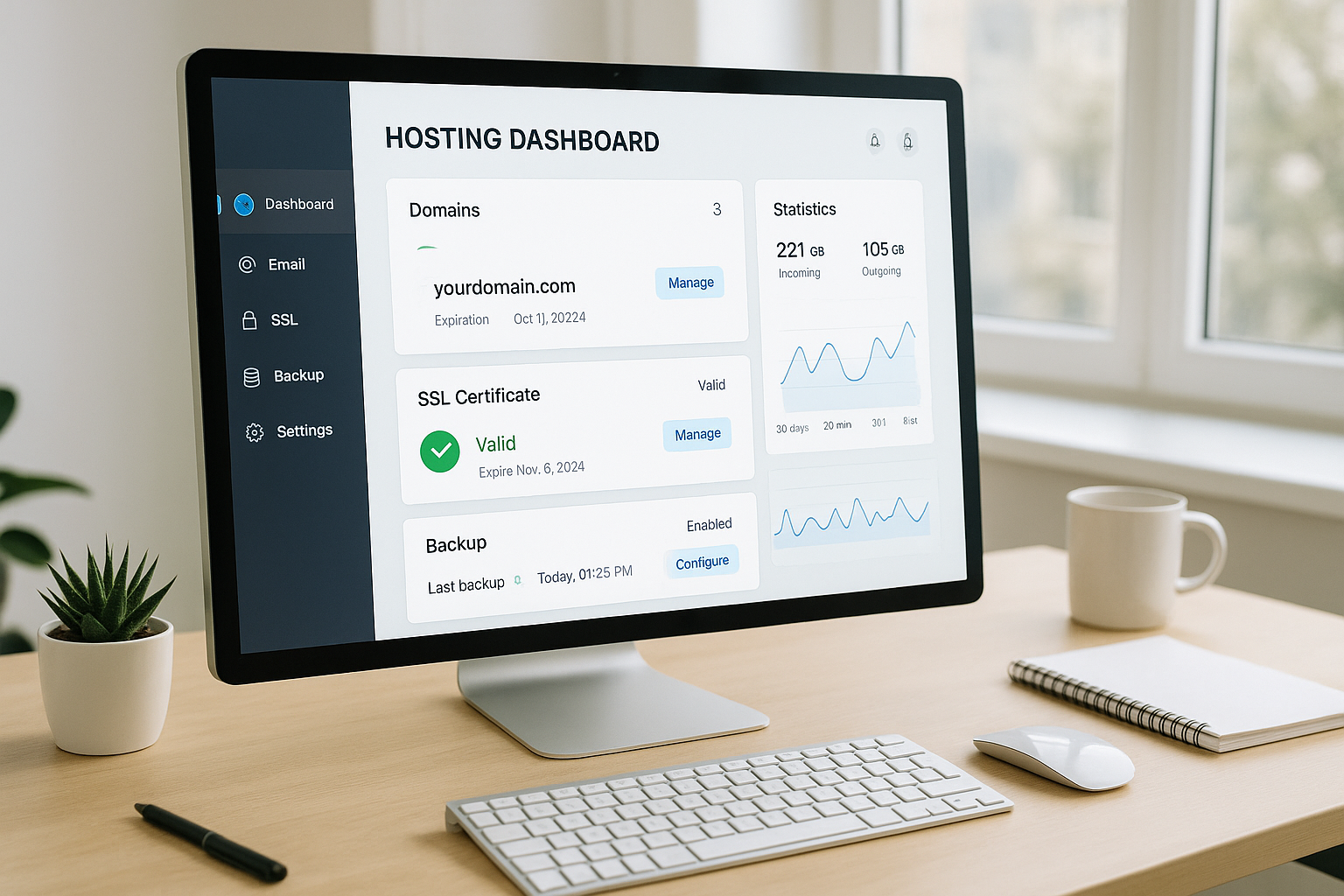 Moderna dashboard di hosting per un'amministrazione incentrata sull'utente