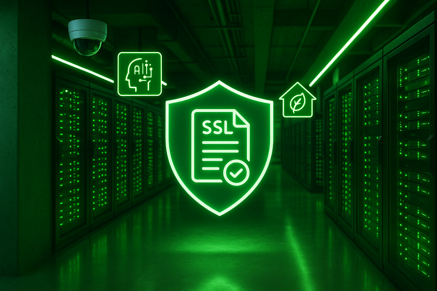 Modern, secure data center in 2025 with AI-based security systems