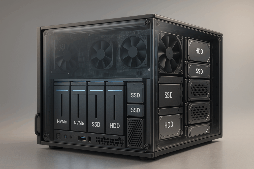 Modernes Rechenzentrum mit Hybrid Storage-Architektur aus NVMe, SSD und HDD