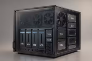 Moderne datacenter med hybrid storage-arkitektur bestående af NVMe, SSD og HDD