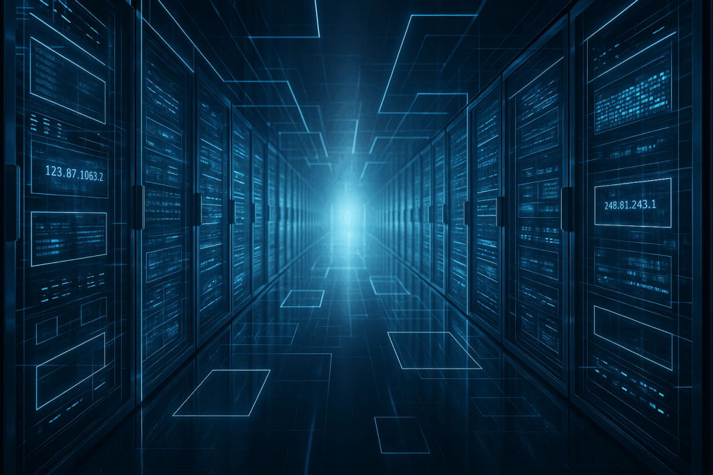 Futuristisches Rechenzentrum mit modernen Servern und IPv6-Technologie