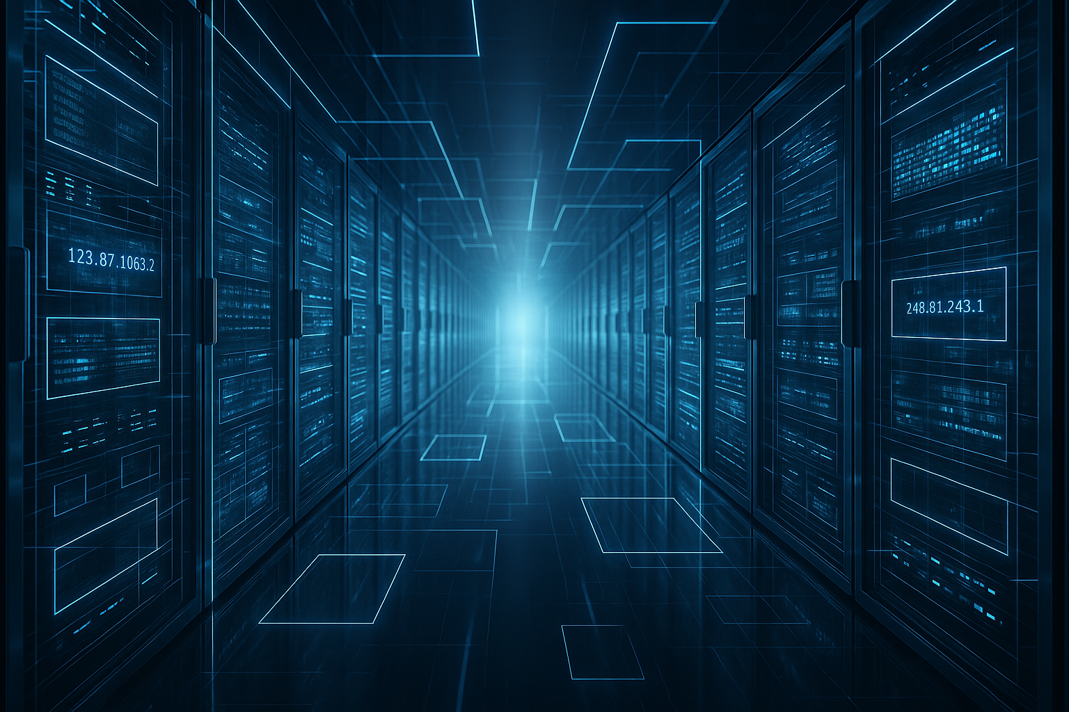 Futuristisches Rechenzentrum mit modernen Servern und IPv6-Technologie