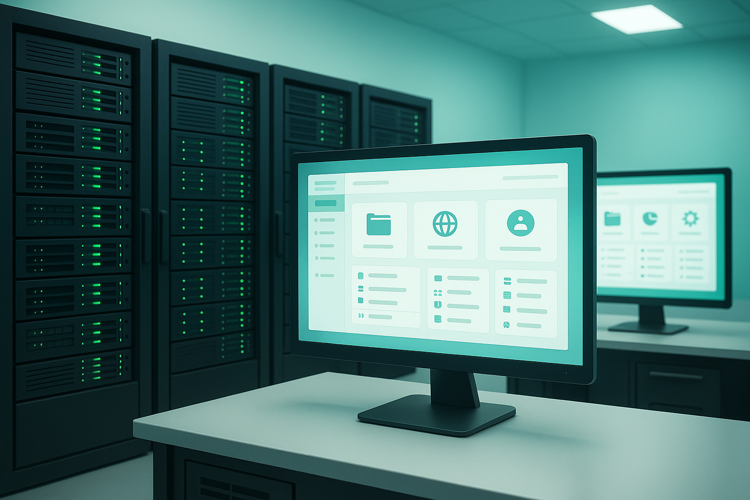Fotorealistischer Serverraum mit ISPConfig Webhosting-Panel und moderner Technik