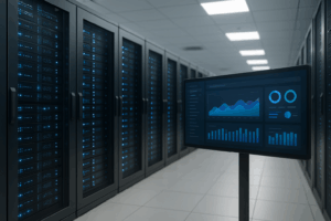 Fotorealistinis duomenų centras su "ISPmanager" skydeliu ekrane