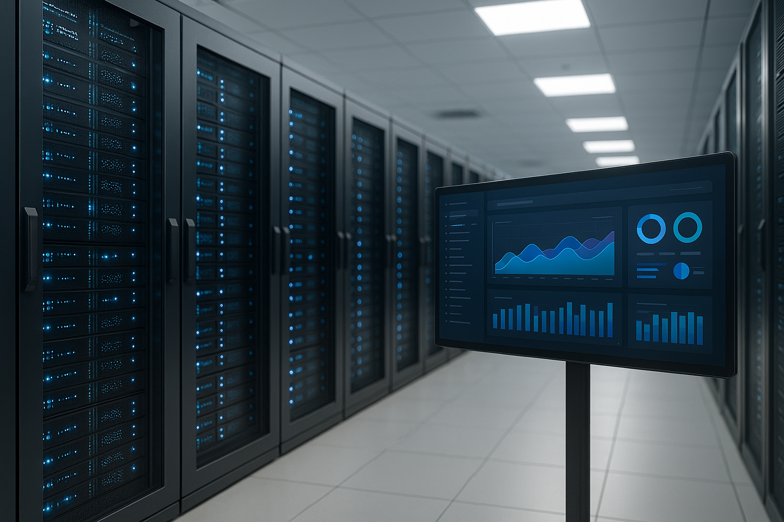 Centru de date fotorealistic cu panoul ISPmanager pe ecran