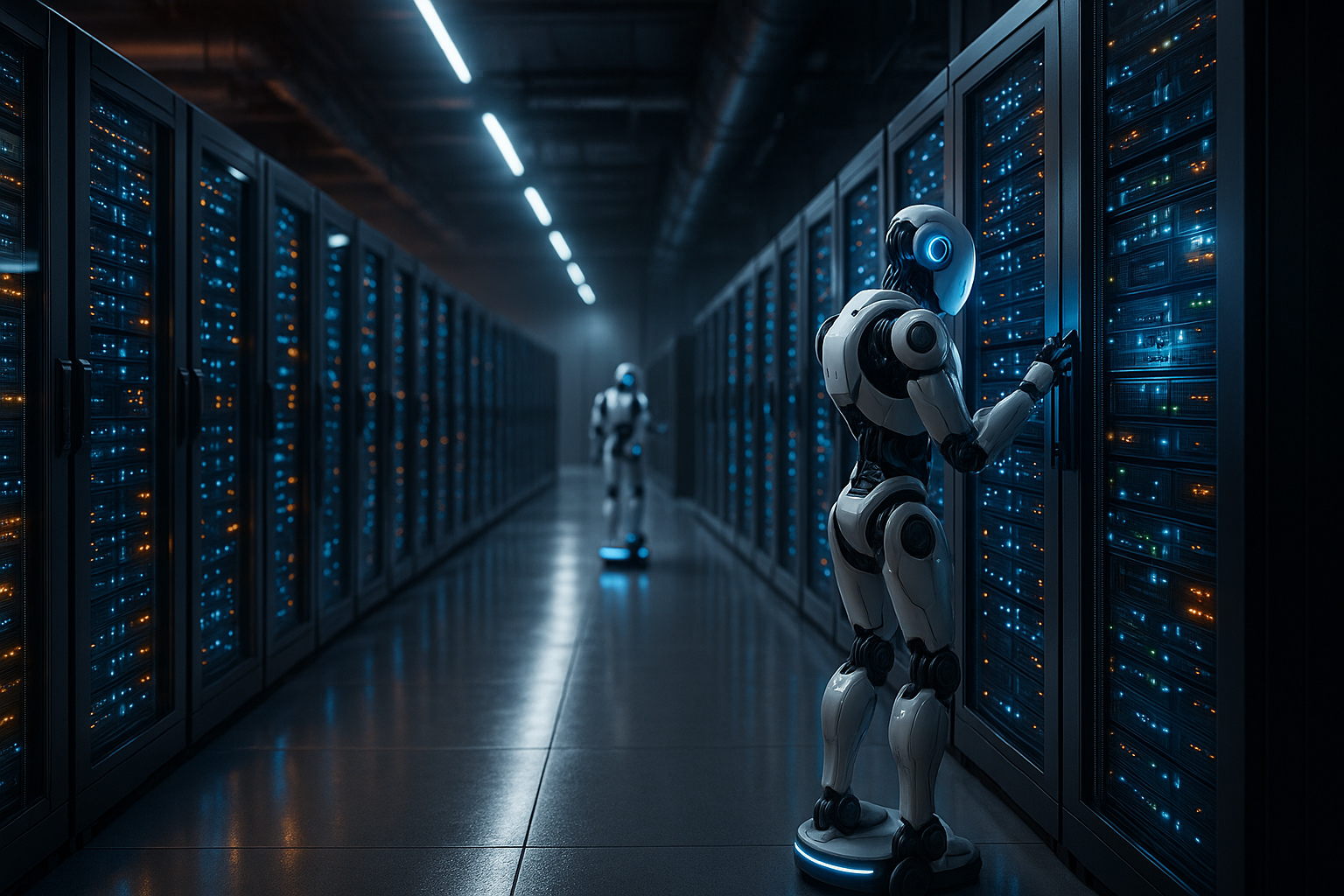 Rack di server con sistemi di intelligenza artificiale e manutenzione automatizzata attiva nel data center