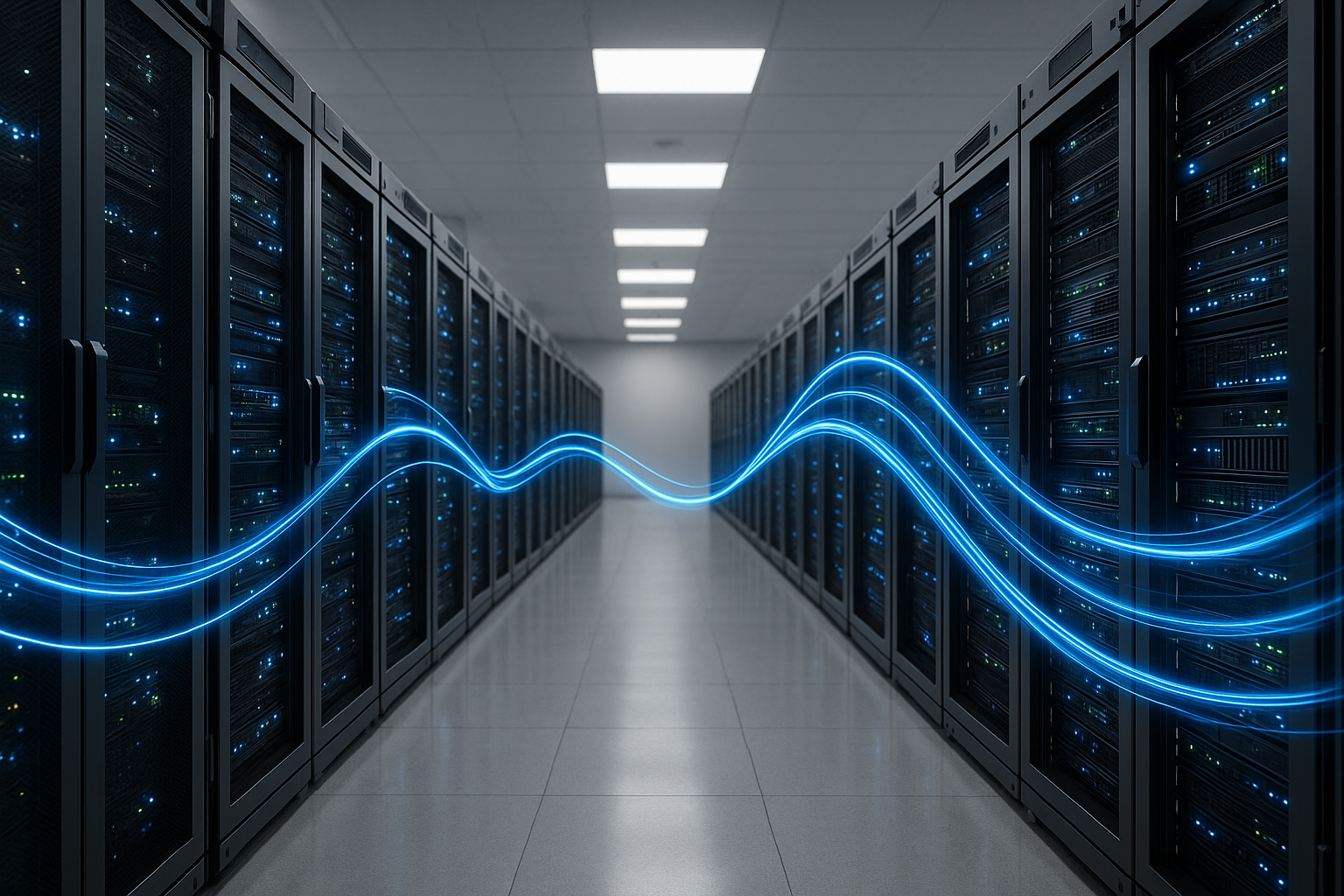 Sala server con moderni server ad alte prestazioni in azione, ottimizzati per tempi di caricamento rapidi